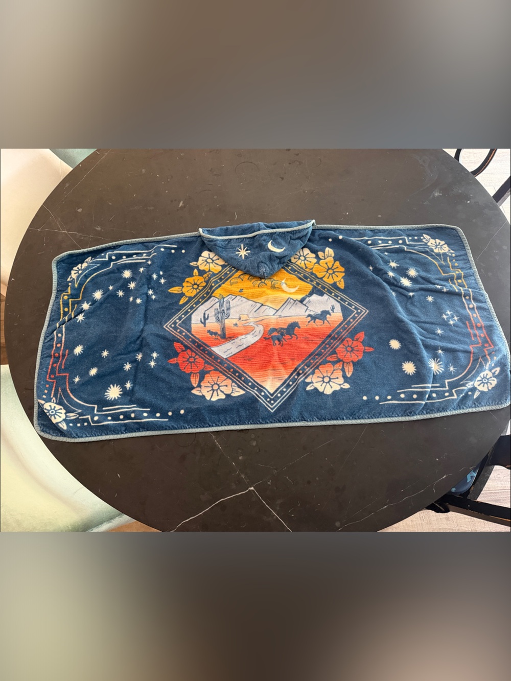 Pendleton Blue Hooded Baby Towel with Sunset Desert Motif Retired Print